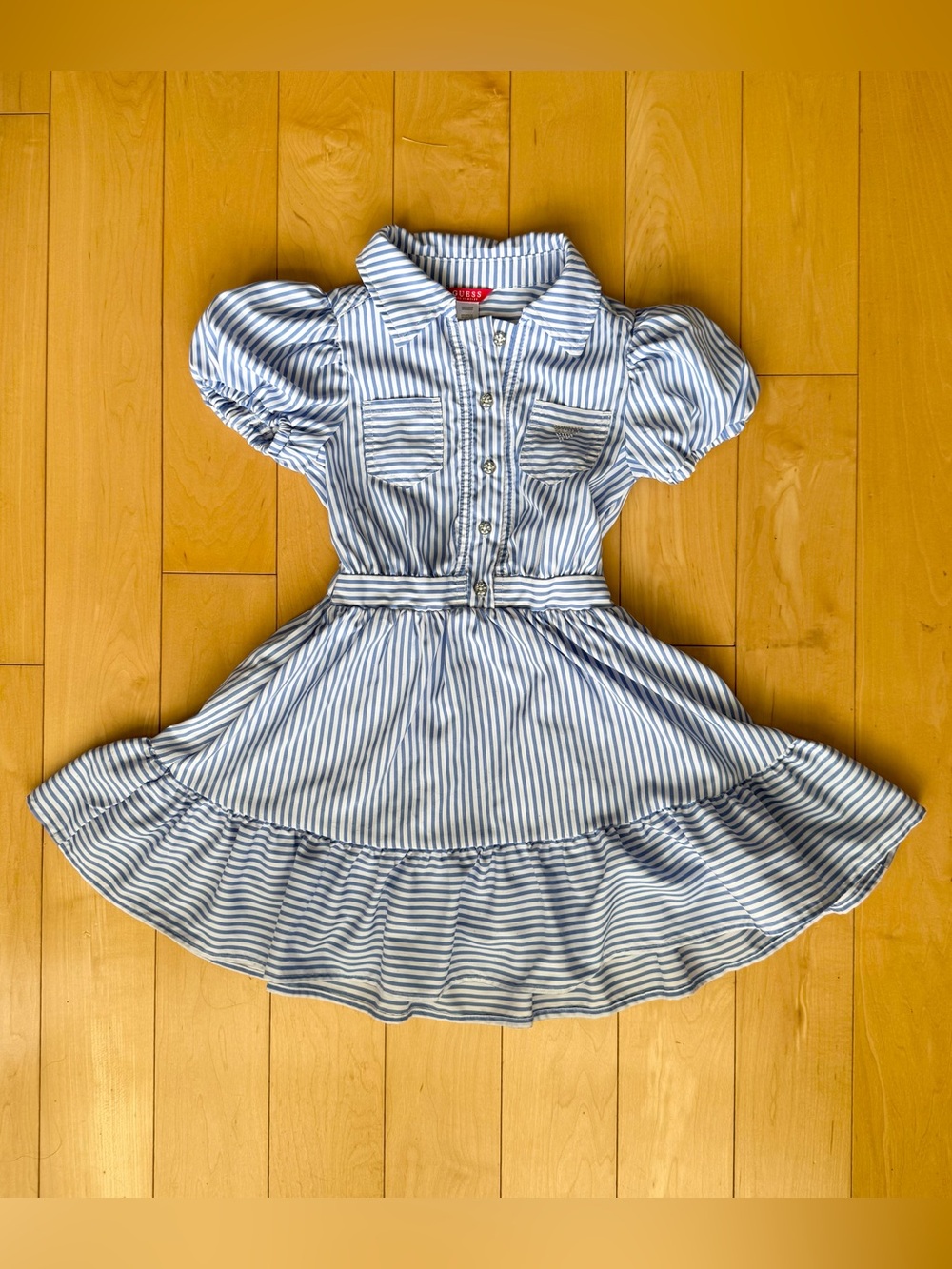 Guess Girls Blue White Striped Puff Sleeve Dress Size 7